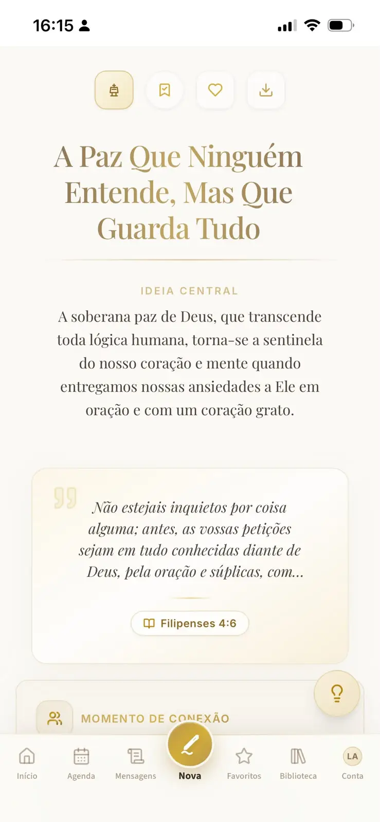 Tela do SermonFlow com o título do sermão, a ideia central e o texto base