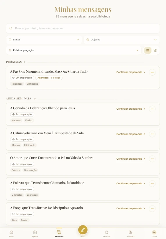 Biblioteca do SermonFlow: mensagens salvas com busca, status e filtros