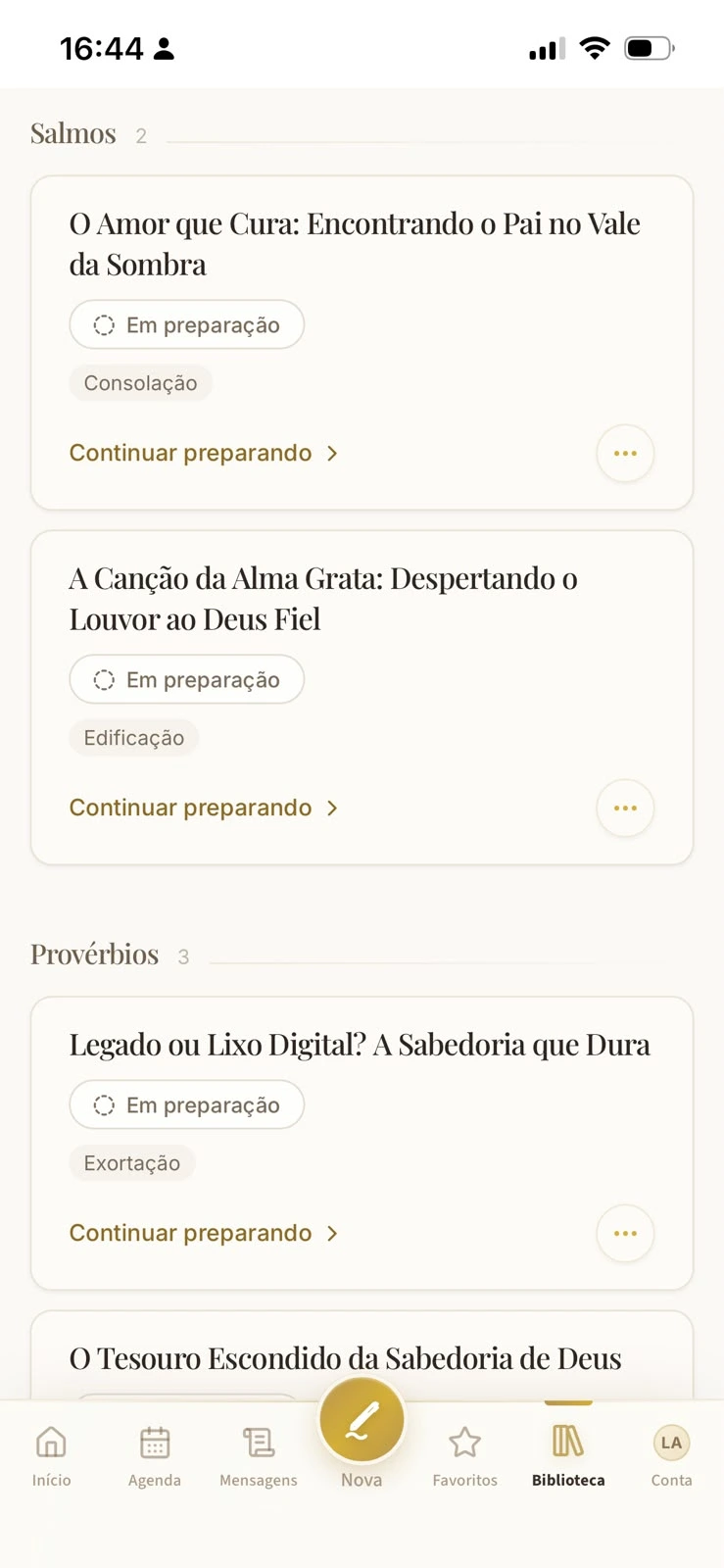 Biblioteca do SermonFlow com as mensagens organizadas por livro
