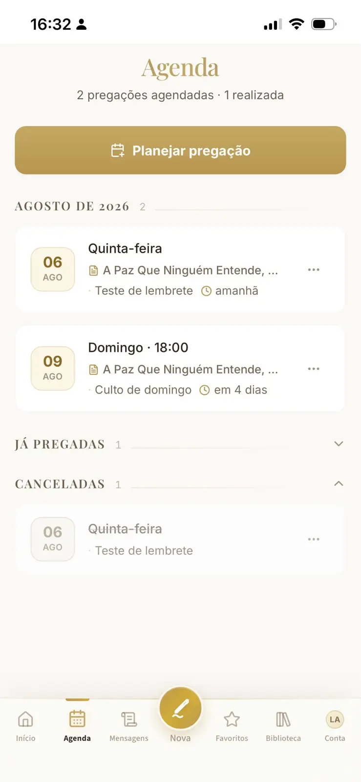 Agenda do SermonFlow com as próximas pregações