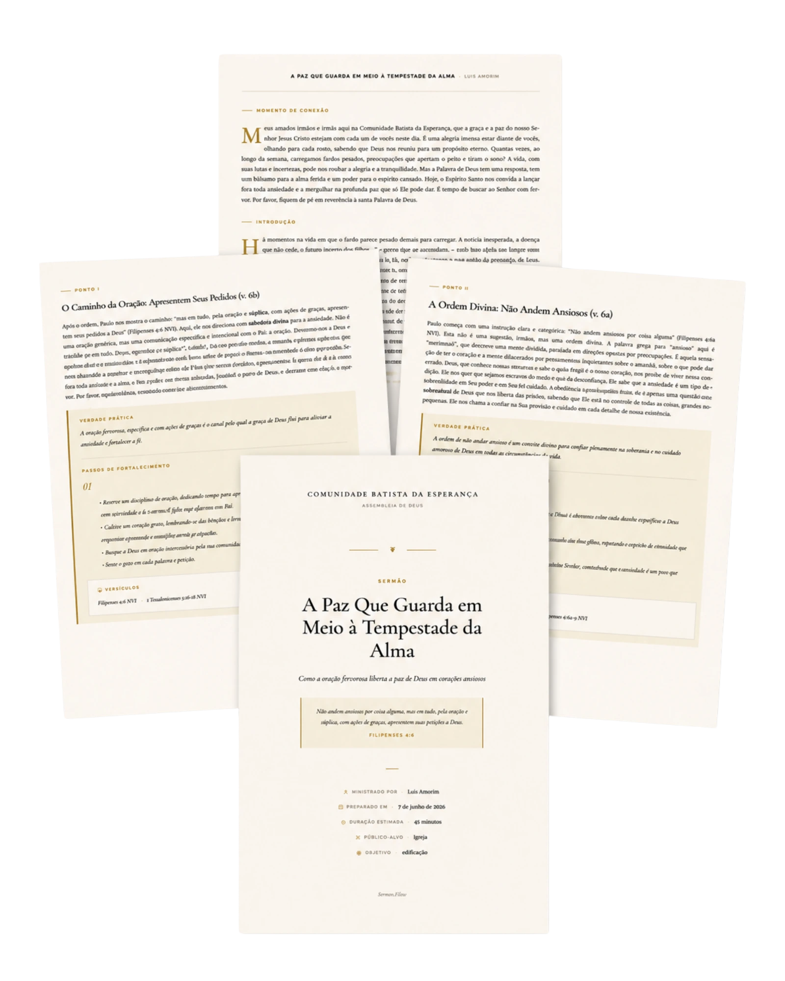 SermonFlow: sermão exportado em PDF editorial com apresentação pastoral